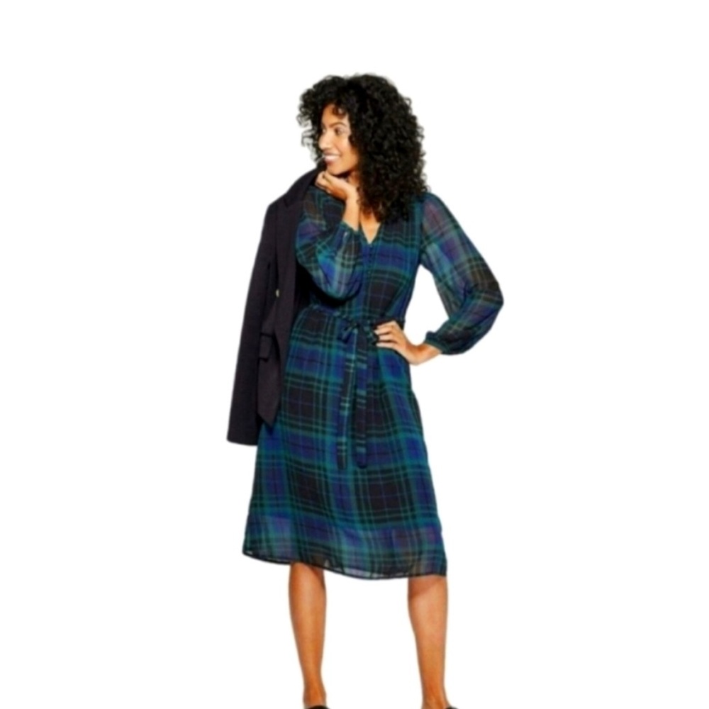 a new day Blue and Green Plaid Midi Dress